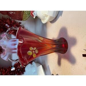 Fenton Red Amberina Carnival Glass Vase – Hand-Painted, Signed, Original Label